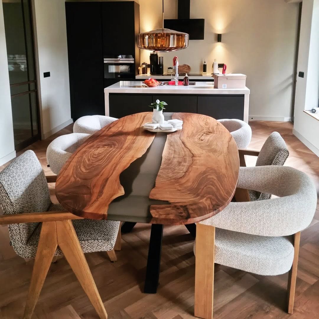 ترندهای ۲۰۲۵ در طراحی میز رزینی | راهنمای کامل انتخاب میزهای ناهارخوری، جلو مبلی، عسلی، کنسول و کانتر